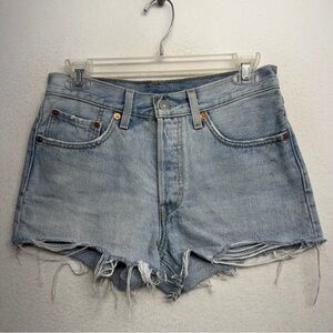 Levi's 501 Jean Shorts Blue Distressed High Rise Light Wash Denim 26 Cutoff